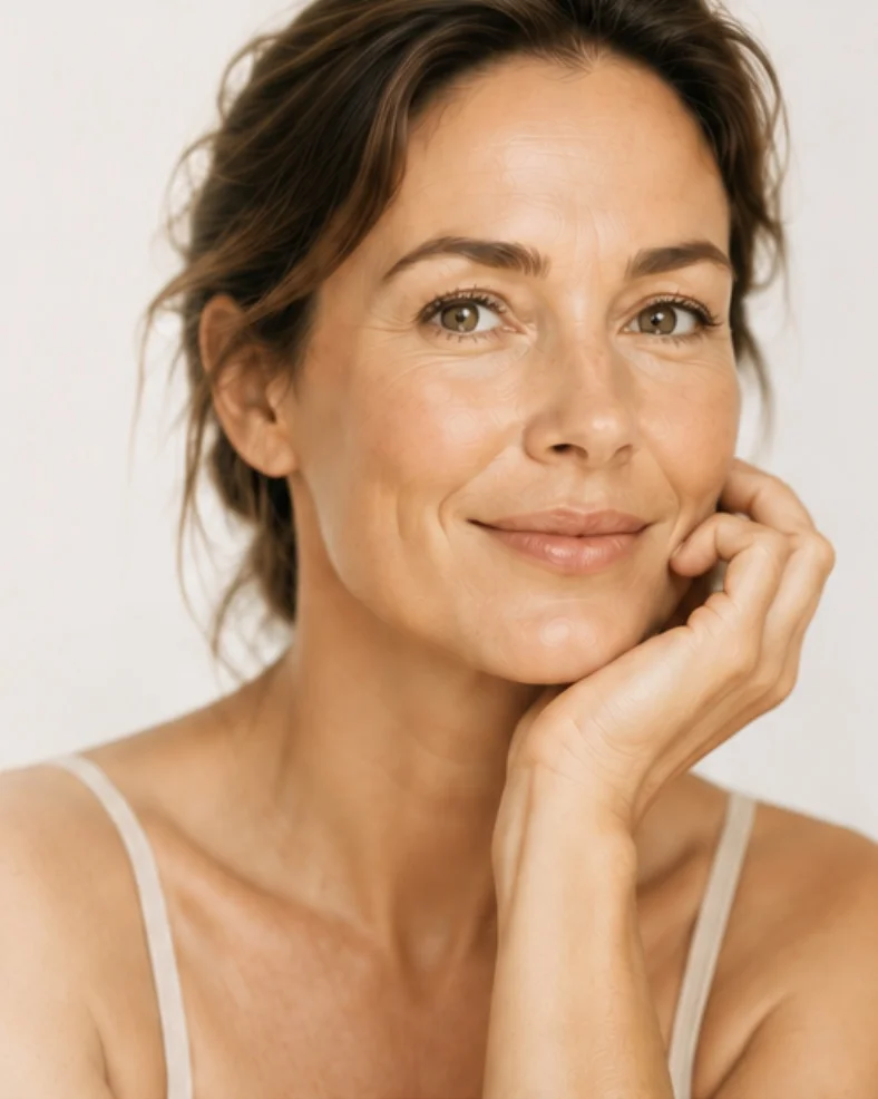 Calm, confident client of Evolve Beauty & Aesthetics — natural beauty and glowing skin